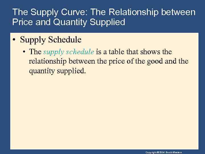 The Supply Curve: The Relationship between Price and Quantity Supplied • Supply Schedule •