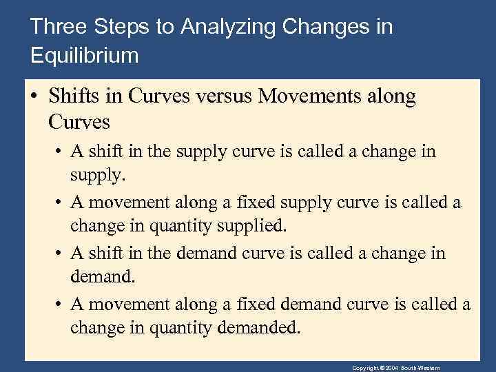 Three Steps to Analyzing Changes in Equilibrium • Shifts in Curves versus Movements along