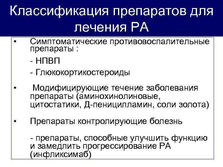 Классификация препаратов для лечения РА • Симптоматические противовоспалительные препараты : - НПВП - Глюкокортикостероиды