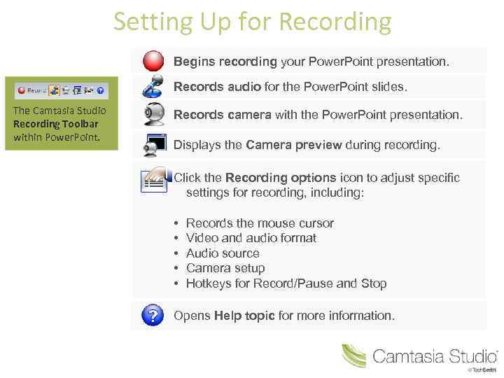 Setting Up for Recording Begins recording your Power. Point presentation. Records audio for the