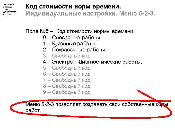 А+ Служба сервиса JR-A 02 -06/02/2004 Стр. 59 Код стоимости норм времени. Индивидуальные настройки.