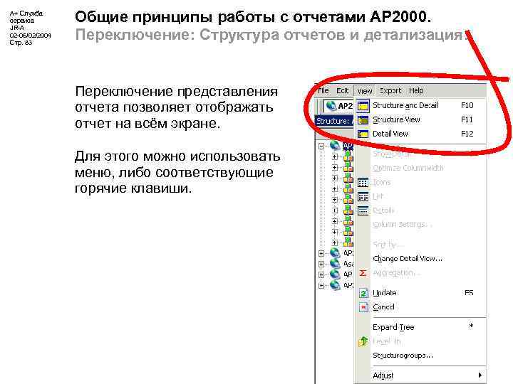 А+ Служба сервиса JR-A 02 -06/02/2004 Стр. 83 Общие принципы работы с отчетами АР
