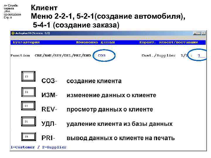 А+ Служба сервиса JR-A 02 -06/02/2004 Стр. 9 Клиент Меню 2 -2 -1, 5