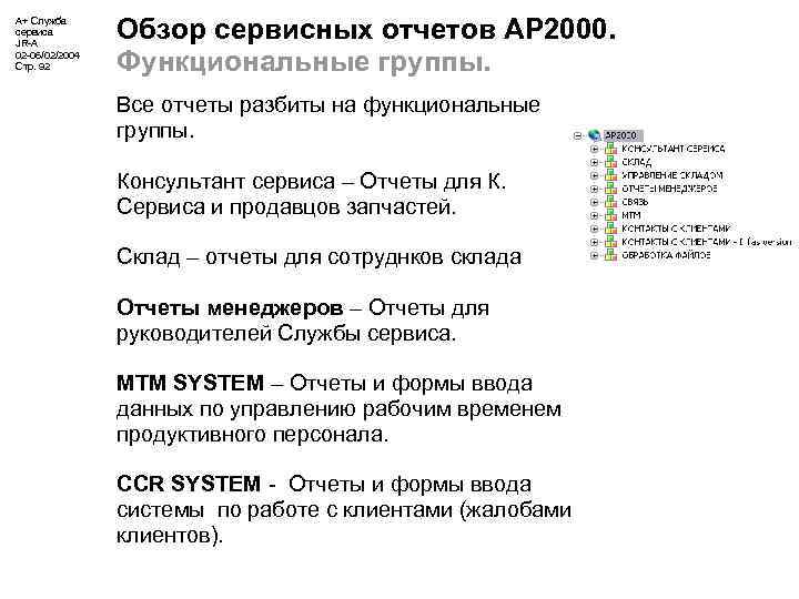 А+ Служба сервиса JR-A 02 -06/02/2004 Стр. 92 Обзор сервисных отчетов АР 2000. Функциональные