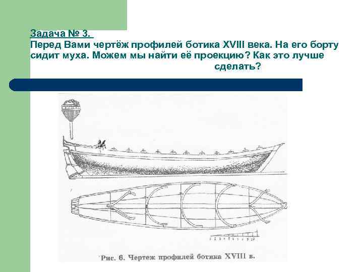 Задача № 3. Перед Вами чертёж профилей ботика XVIII века. На его борту сидит