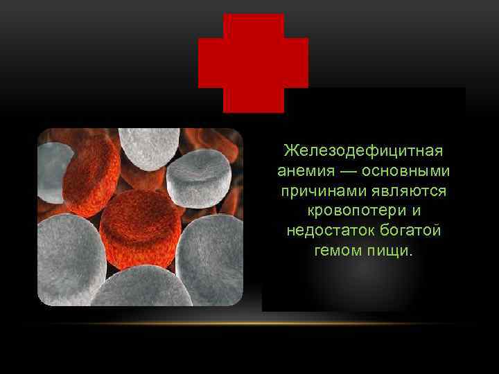 Железодефицитная анемия — основными причинами являются кровопотери и недостаток богатой гемом пищи. 