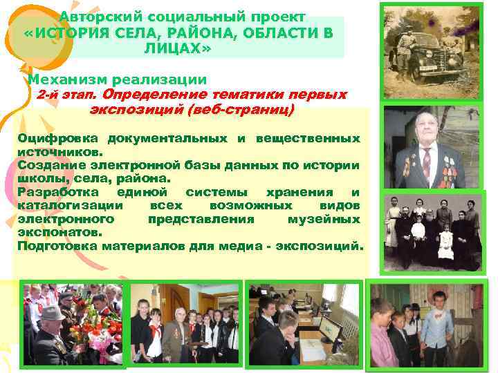 Авторский социальный проект «ИСТОРИЯ СЕЛА, РАЙОНА, ОБЛАСТИ В ЛИЦАХ» Механизм реализации 2 -й этап.