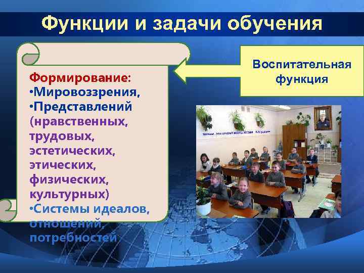 Функции и задачи обучения Формирование: • Мировоззрения, • Представлений (нравственных, трудовых, эстетических, этических, физических,