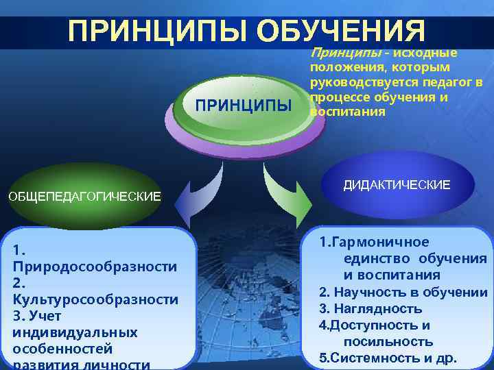 ПРИНЦИПЫ ОБУЧЕНИЯ Принципы - исходные ПРИНЦИПЫ ОБЩЕПЕДАГОГИЧЕСКИЕ 1. Природосообразности 2. Культуросообразности 3. Учет индивидуальных