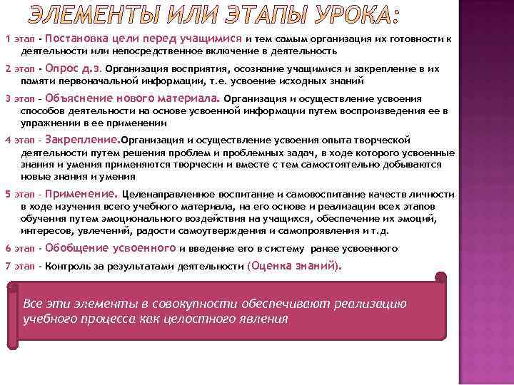 1 этап - Постановка цели перед учащимися и тем самым организация их готовности к