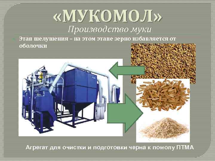  «МУКОМОЛ» Производство муки Этап шелушения – на этом этапе зерно избавляется от оболочки