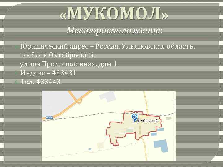  «МУКОМОЛ» Месторасположение: Месторасположение Юридический адрес – Россия, Ульяновская область, посёлок Октябрьский, улица Промышленная,