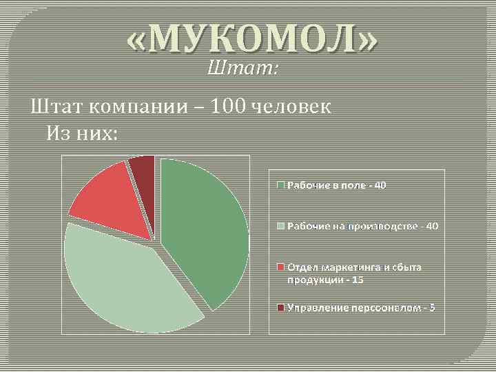  «МУКОМОЛ» Штат: Штат компании – 100 человек Из них: 