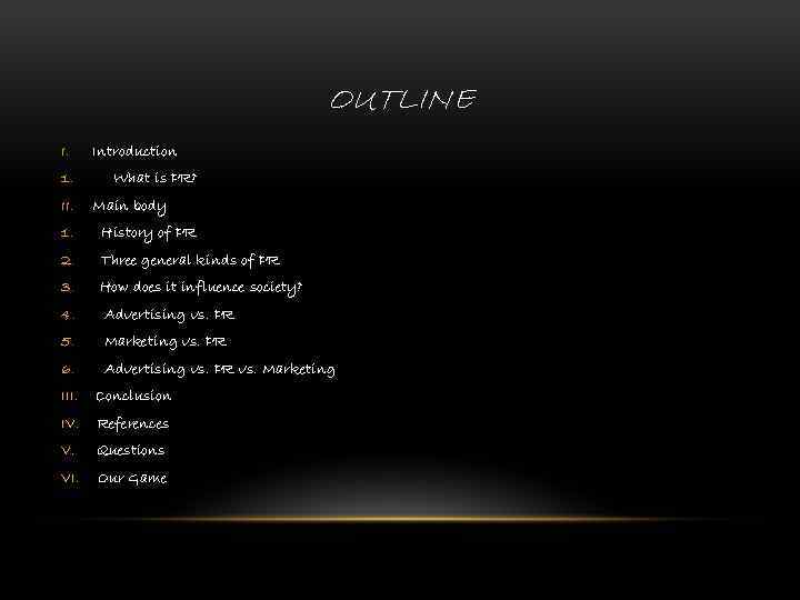 OUTLINE I. 1. II. Introduction What is PR? Main body 1. History of PR