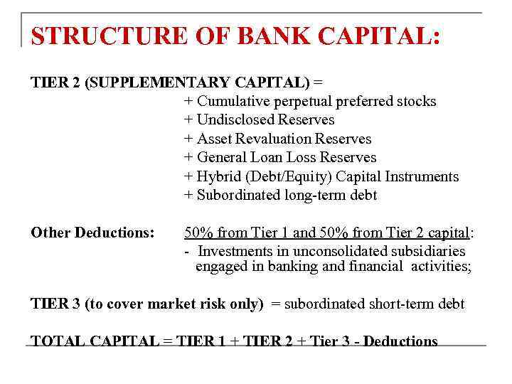 STRUCTURE OF BANK CAPITAL: TIER 2 (SUPPLEMENTARY CAPITAL) = + Cumulative perpetual preferred stocks