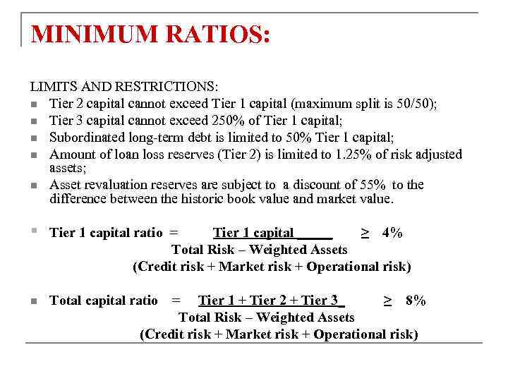 MINIMUM RATIOS: LIMITS AND RESTRICTIONS: n Tier 2 capital cannot exceed Tier 1 capital