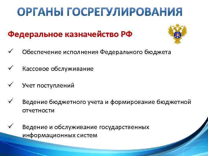 Федеральное казначейство РФ ü Обеспечение исполнения Федерального бюджета ü Кассовое обслуживание ü Учет поступлений