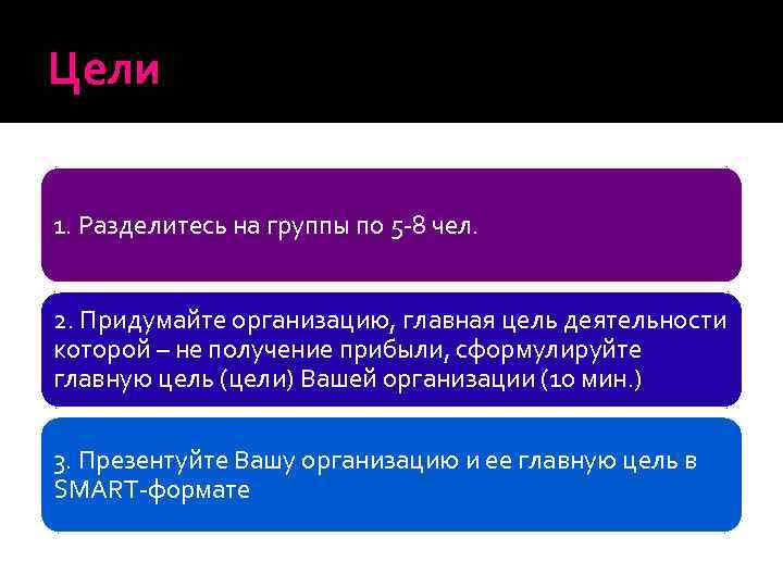 Цели 1. Разделитесь на группы по 5 -8 чел. 2. Придумайте организацию, главная цель