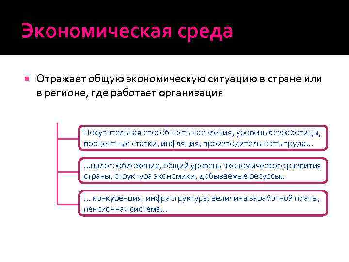 Экономическая среда Отражает общую экономическую ситуацию в стране или в регионе, где работает организация