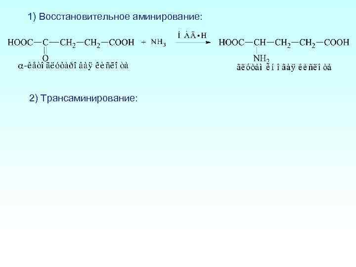 1) Восстановительное аминирование: 2) Трансаминирование: 