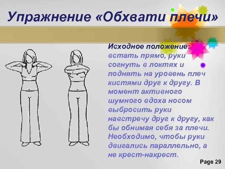 Упражнение «Обхвати плечи» Исходное положение: встать прямо, руки согнуть в локтях и поднять на
