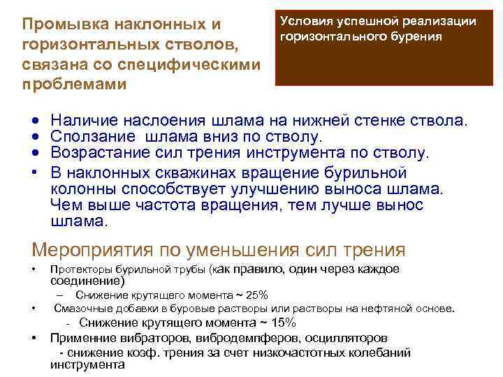 Промывка наклонных и горизонтальных стволов, связана со специфическими проблемами · · · • Условия
