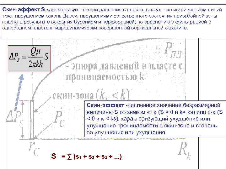 Скин-эффект S характеризует потери давления в пласте, вызванные искривлением линий тока, нарушением закона Дарси,