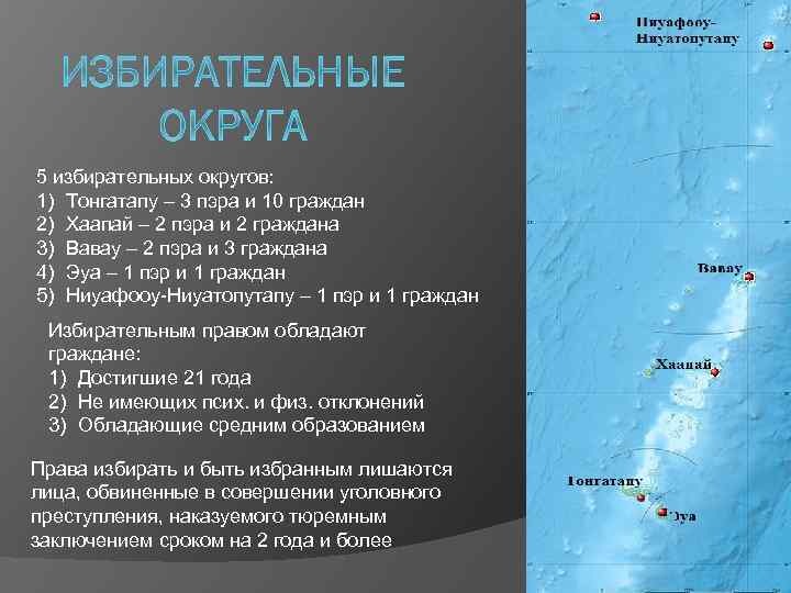 5 избирательных округов: 1) Тонгатапу – 3 пэра и 10 граждан 2) Хаапай –