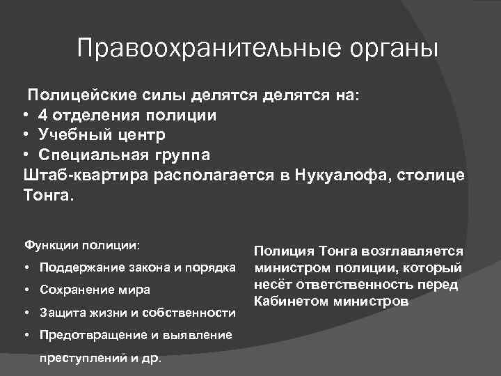 Правоохранительные органы Полицейские силы делятся на: • 4 отделения полиции • Учебный центр •