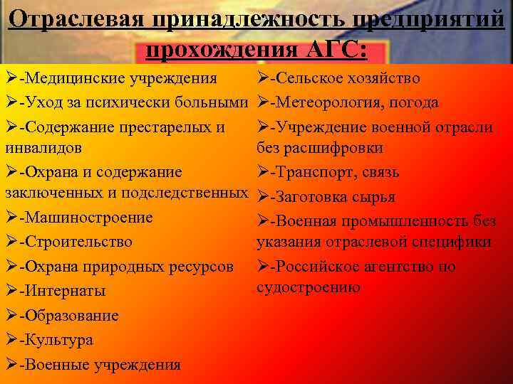 Отраслевая принадлежность предприятий прохождения АГС: Ø-Медицинские учреждения Ø-Уход за психически больными Ø-Содержание престарелых и