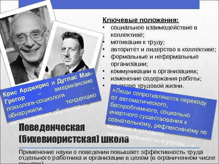 Ключевые положения: • социальное взаимодействие в коллективе; • мотивация к труду; • авторитет и