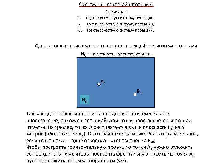 Системы плоскостей проекций. Различают : 1. одноплоскостную систему проекций; 2. двухплоскостную систему проекций; 3.
