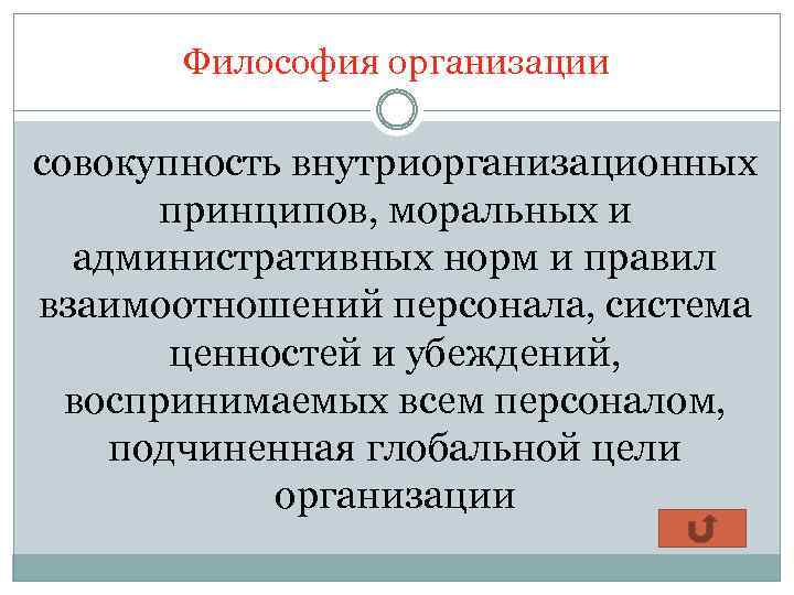 Философия организации совокупность внутриорганизационных принципов, моральных и административных норм и правил взаимоотношений персонала, система