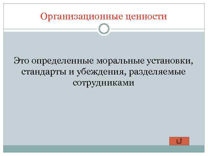 Организационные ценности Это определенные моральные установки, стандарты и убеждения, разделяемые сотрудниками 