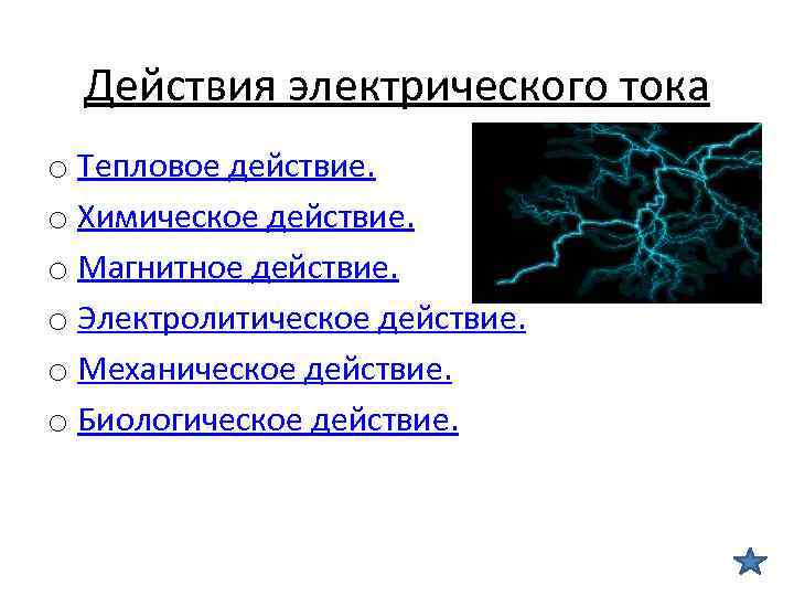 Действия электрического тока o Тепловое действие. o Химическое действие. o Магнитное действие. o Электролитическое