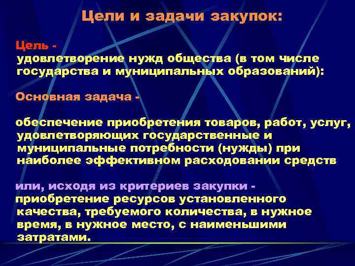Цели и задачи закупок: Цель удовлетворение нужд общества (в том числе государства и муниципальных