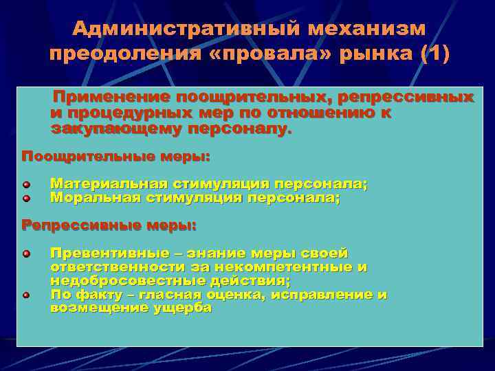 Административный механизм преодоления «провала» рынка (1) Применение поощрительных, репрессивных и процедурных мер по отношению