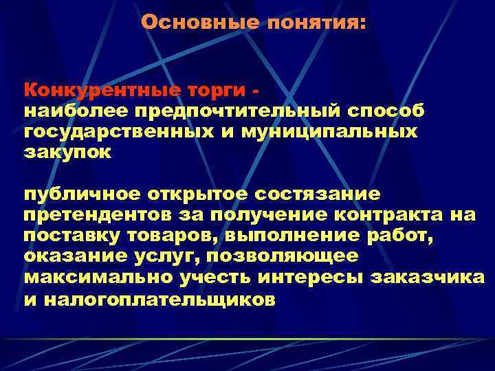 Основные понятия: Конкурентные торги наиболее предпочтительный способ государственных и муниципальных закупок публичное открытое состязание