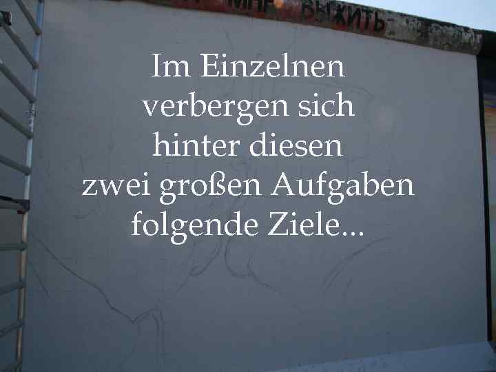 Im Einzelnen verbergen sich hinter diesen zwei großen Aufgaben folgende Ziele. . . 