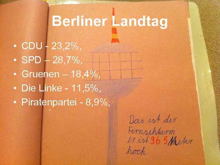 Berliner Landtag • • • CDU - 23, 2%, SPD – 28, 7%, Gruenen