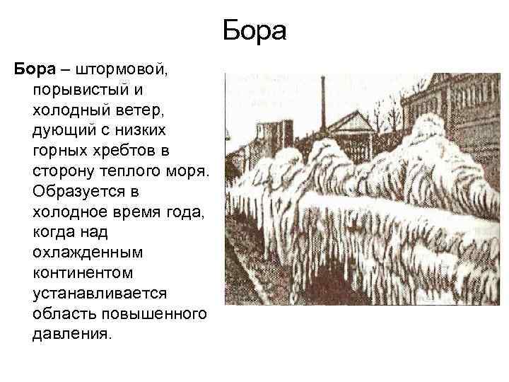 Бора – штормовой, порывистый и холодный ветер, дующий с низких горных хребтов в сторону