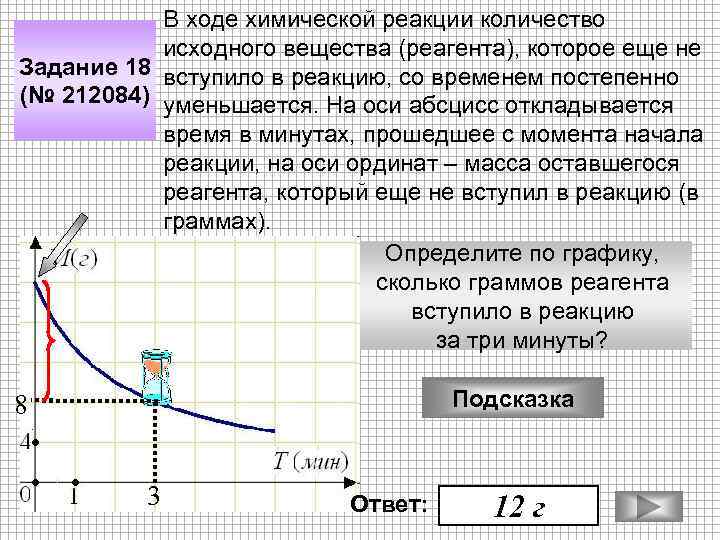 В ходе химической реакции количество исходного вещества (реагента), которое еще не Задание 18 вступило