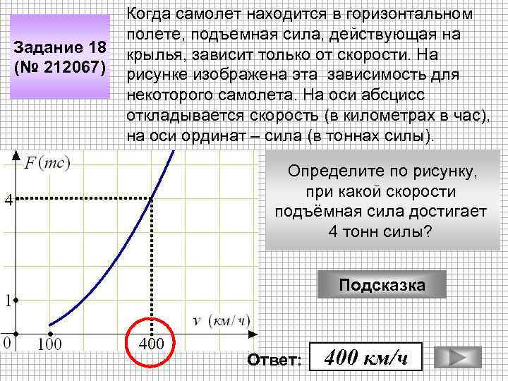 Задание 18 (№ 212067) Когда самолет находится в горизонтальном полете, подъемная сила, действующая на
