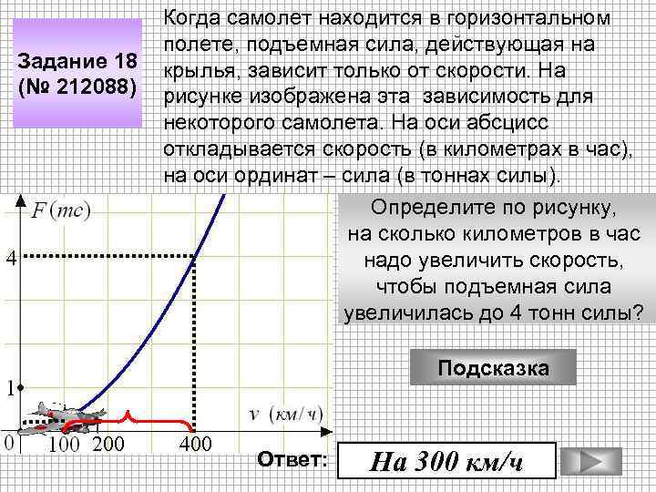 Задание 18 (№ 212088) 4 Когда самолет находится в горизонтальном полете, подъемная сила, действующая