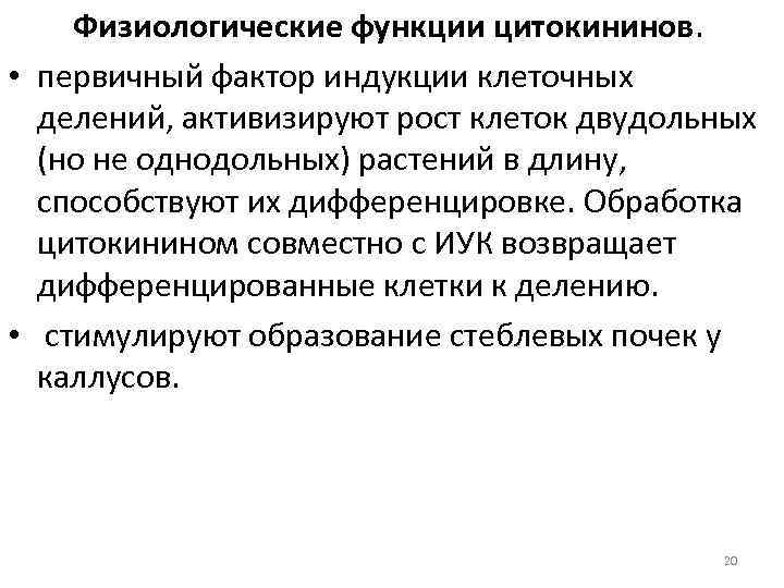 Физиологические функции цитокининов. • первичный фактор индукции клеточных делений, активизируют рост клеток двудольных (но