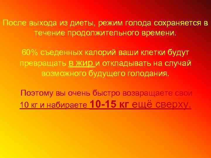 После выхода из диеты, режим голода сохраняется в течение продолжительного времени. 60% съеденных калорий