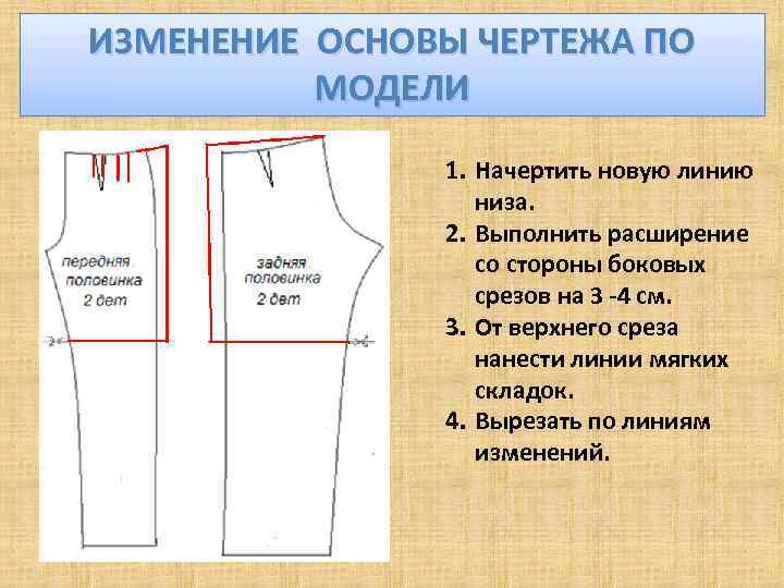 ИЗМЕНЕНИЕ ОСНОВЫ ЧЕРТЕЖА ПО МОДЕЛИ 1. Начертить новую линию низа. 2. Выполнить расширение со