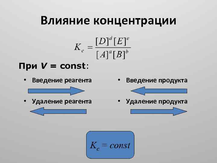 Влияние концентрации При V = const: • Введение реагента • Введение продукта • Удаление