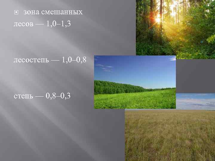 зона смешанных лесов — 1, 0– 1, 3 лесостепь — 1, 0– 0, 8