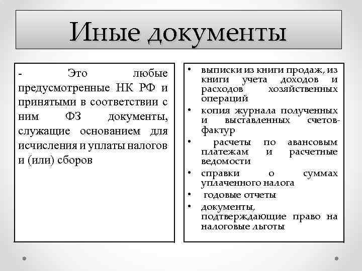 Иные документы Это любые предусмотренные НК РФ и принятыми в соответствии с ним ФЗ